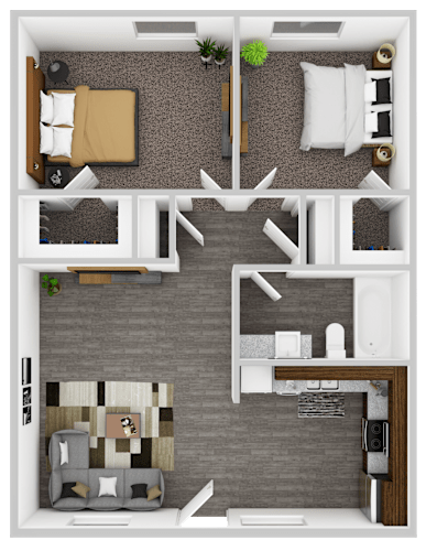 Floor Plan  A floor plan of a small apartment with a living room, kitchen, and two bedrooms.