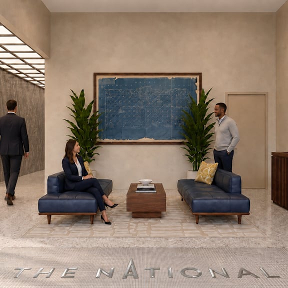 A man in a suit walks past a woman sitting on a blue couch in a lobby.