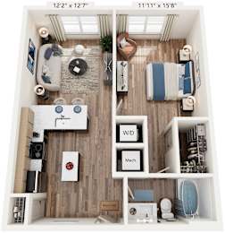 A floor plan of a small apartment with a kitchen, living room, and bathroom.