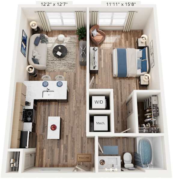 A floor plan of a small apartment with a kitchen, living room, and bathroom.