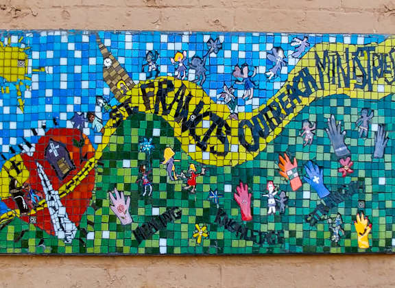 A mosaic artwork with the words "PRACTICE MINDS" written on it.