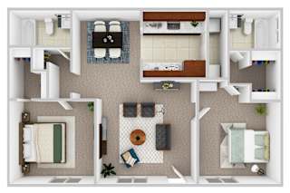 A floor plan of a house with two bedrooms, a living room, a kitchen, and a bathroom.