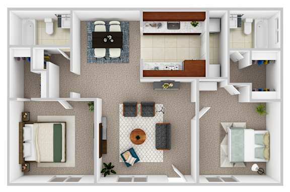 A floor plan of a house with two bedrooms, a living room, a kitchen, and a bathroom.