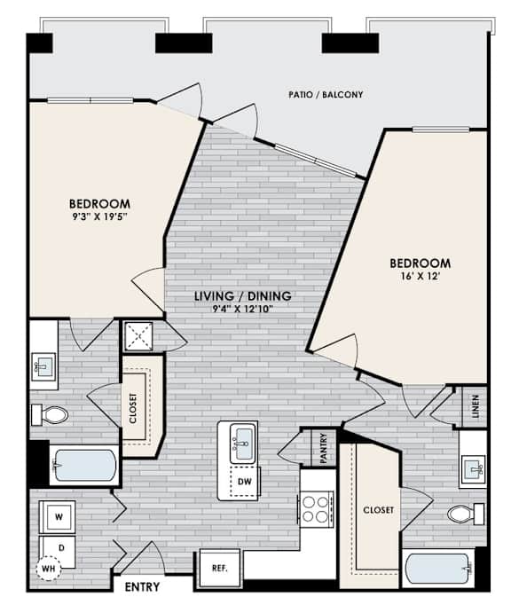 A floor plan of a small apartment with two bedrooms and a living area.