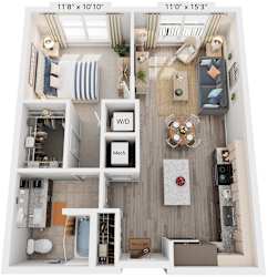 1 Bed 1 Bath Floor Plan | 722 Sq. Ft. at Rivergate in Woodbridge, Virginia, 22191