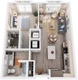 1 Bed 1 Bath Floor Plan | 722 Sq. Ft. at Rivergate in Woodbridge, Virginia, 22191
