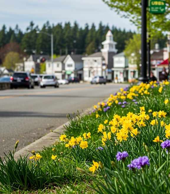 A flower bed with yellow and purple flowers in front of a street.