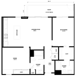2B2 – 2 Bedroom 2 Bath Floor Plan Layout – 1136 Square Feet at Main+Nine, Riverside, California