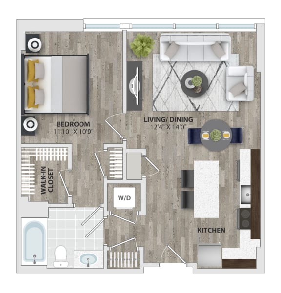 1 Bed 1 Bath Floor Plan at 1405 Point Street Apartments in Baltimore, MD