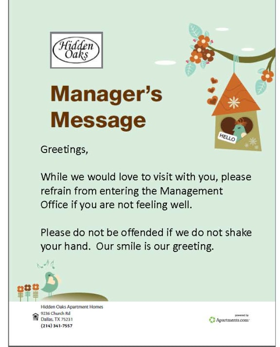Image of a message from the manager