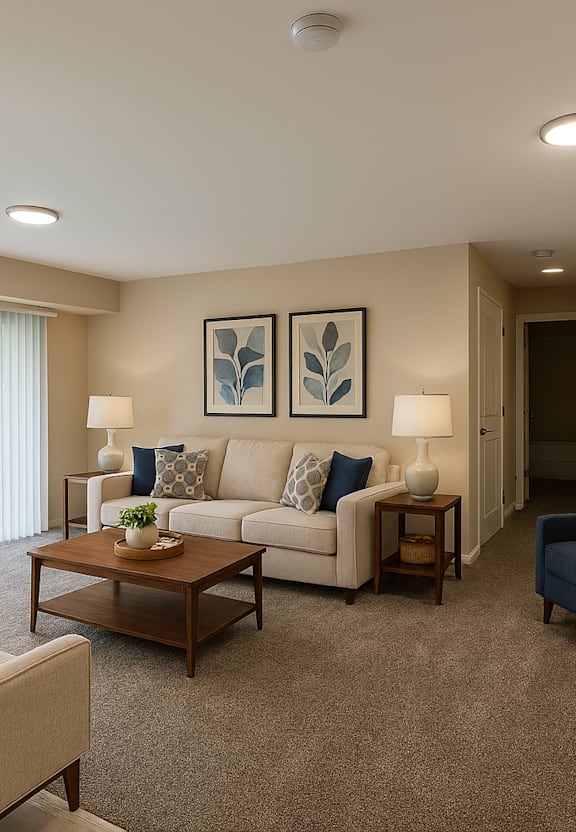 A living room with a couch, chairs, and a coffee table.