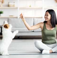 A woman is sitting on a yoga mat with her cat standing on its hind legs.