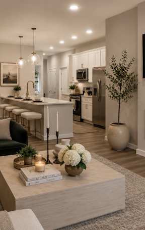 A modern living room with a fireplace and a flat screen TV mounted on the wall.