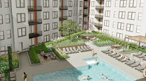 a rendering of a courtyard with a pool and buildings