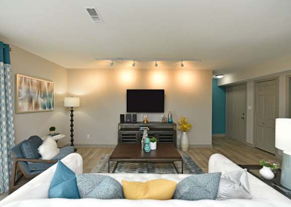 a living room with a couch and a television