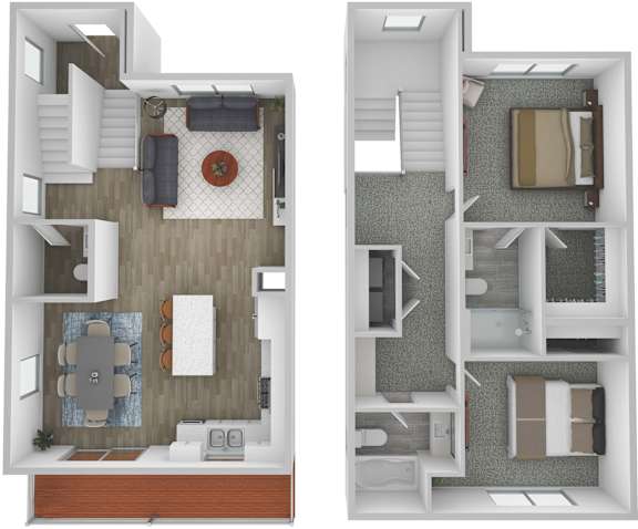 Floor Plan  A floor plan of a two-level apartment with a main and upper level.