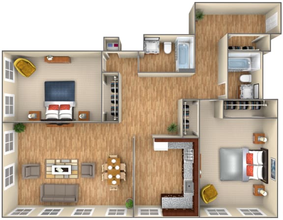 2-bed/2-bath 3D floorplan at 7251 at Waters Edge, Chicago, Illinois