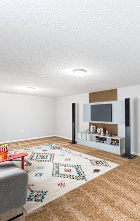 A living room with a grey couch and a rug with a pattern on it.