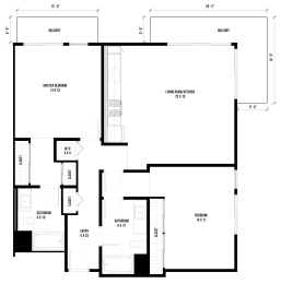 2B1 – 2 Bedroom 2 Bath Floor Plan Layout – 1257 Square Feet at Main+Nine, Riverside, CA, 92501