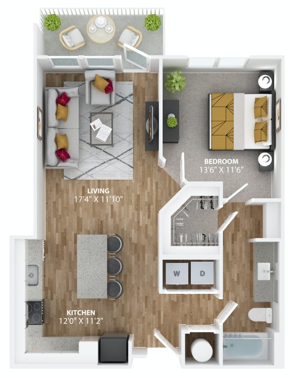 One bedroom floorplan at The Alibi at Lake Lilly