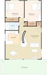 A floor plan of an apartment at 347-367 Everett Ave, with two bedrooms, a living room, kitchen, bathroom, and balcony.