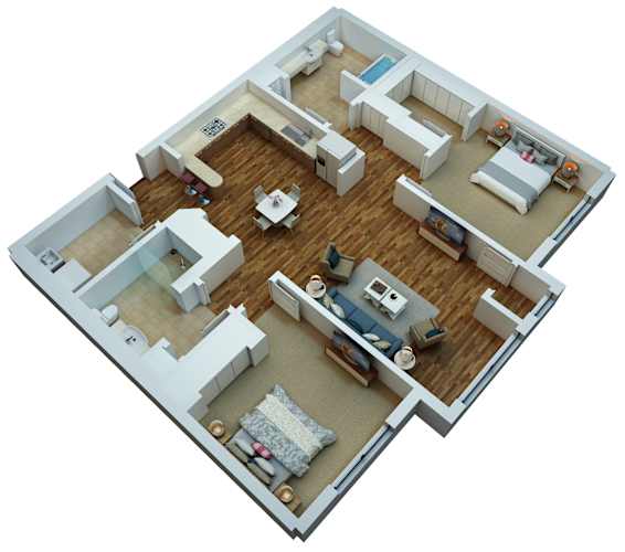 Floor Plan  A top-down view of a house layout with a living room, kitchen, and two bedrooms.