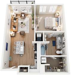 A floor plan of a small apartment with a kitchen, living room, and bedroom.