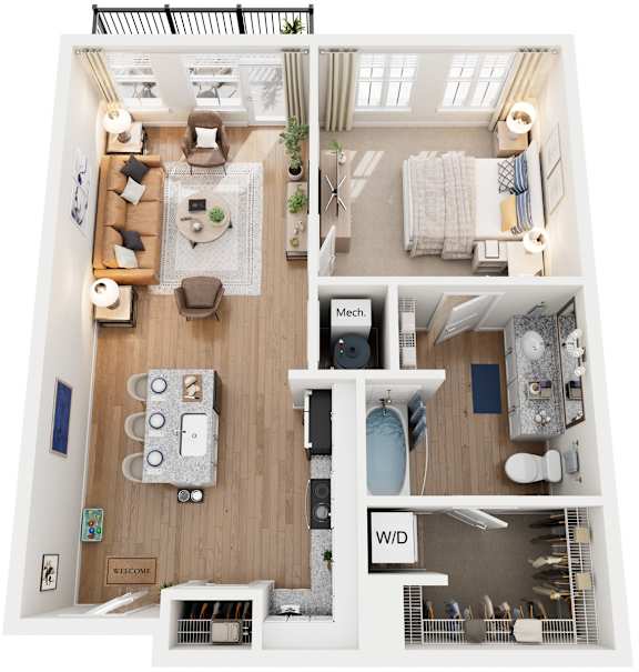 A floor plan of a small apartment with a kitchen, living room, and bedroom.
