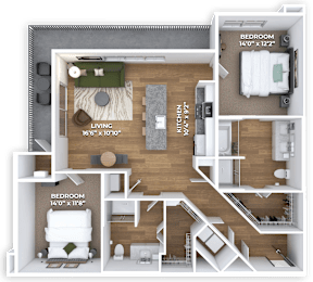 A 3D rendered image of a small apartment layout with a living room, kitchen, and two bedrooms.
