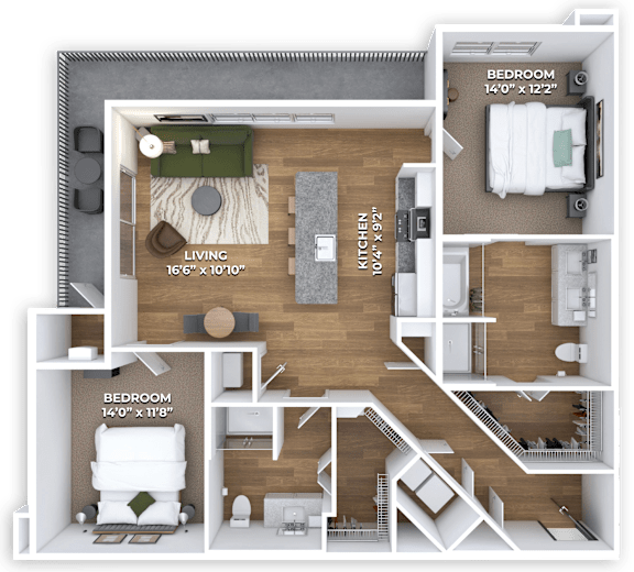 A 3D rendered image of a small apartment layout with a living room, kitchen, and two bedrooms.