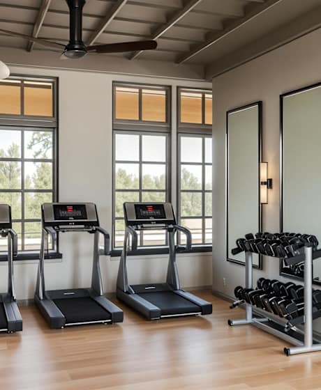 A gym with treadmills, weights, and mirrors.