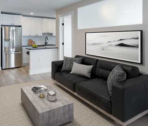 a living room with a couch and a coffee table