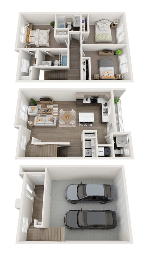 a stylized floor plan of a 3 bedroom apartment