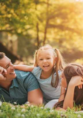 A family of three is lying on the grass in a park. at Saylorville Lakeside, Polk City, IA