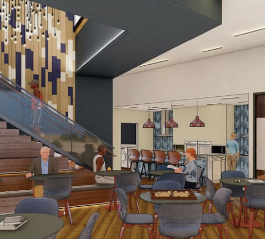 a rendering of the dining area and stairs that will lead up to the second floor of the
