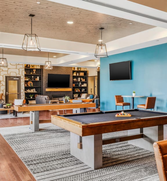 a game room with a pool table and a television
