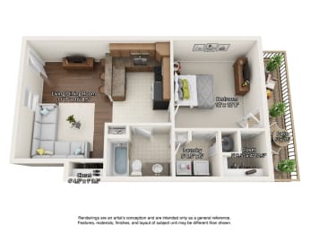 1 bedroom 3 dimensional floorplan downstairs