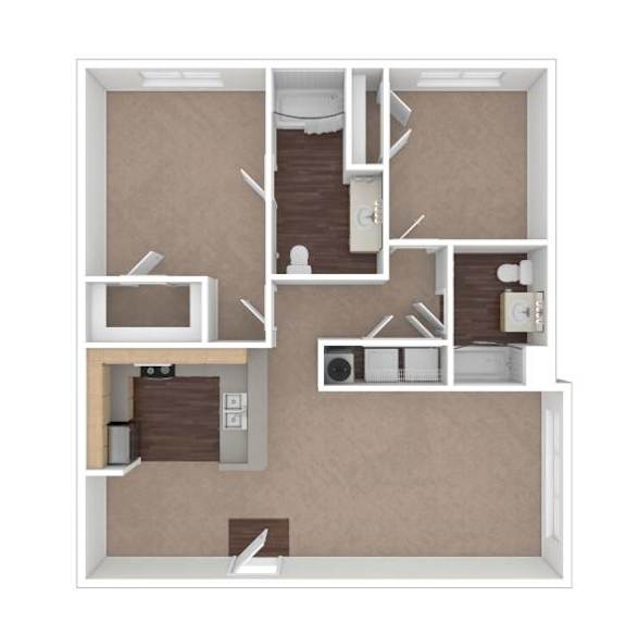 A 3D rendered image of a small apartment layout.
