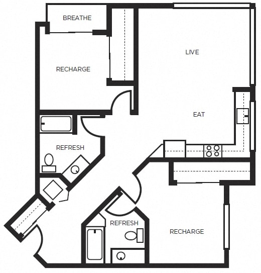one bedroom floor plan l 777 Broadway Apartments in Oakland