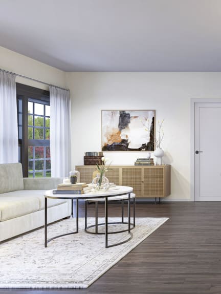 a rendering of a kitchen and living room with white cabinets and a white countertop at The Encore at Ingram Manor, Pikesville, MD, 21208