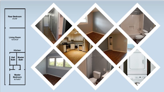 Floor Plan  a collage of images of a bathroom and a living room