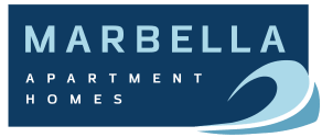 a blue logo with the words marbella apartment homes