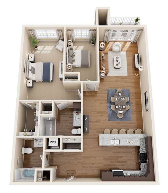A 3D floor plan of a house with a kitchen, living room, and two bedrooms.