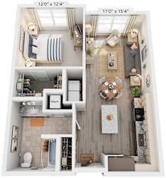 1 Bed 1 Bath Floor Plan | 742 Sq. Ft. at Rivergate in Woodbridge, VA