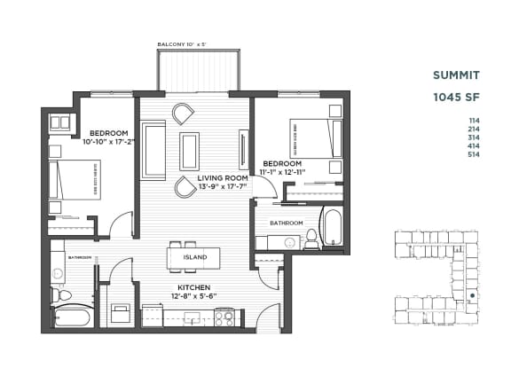 2 bedroom floor plan at The Hill Apartments in st paul mn