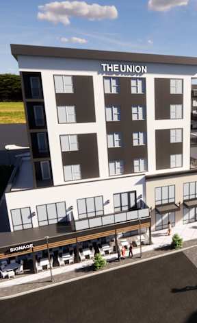 Rendering of a building from above at The Union Flats at Fishers District, Fishers