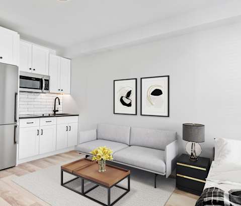 a living room with a couch and a table