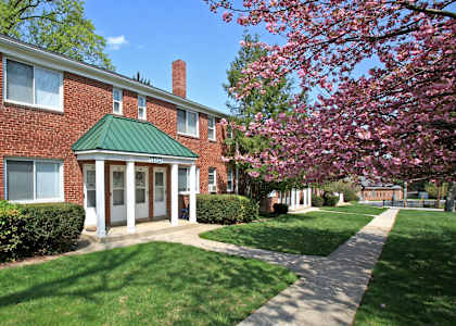 A red brick building with a green roof and a tree with pink flowers in front.
