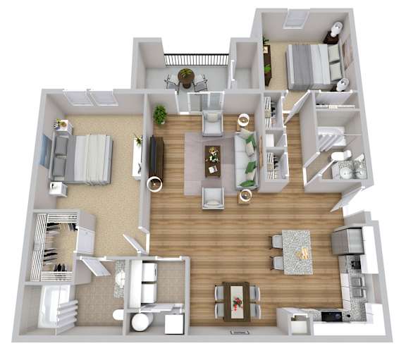 A 3D floor plan of a house with a living room, kitchen, and bedrooms.