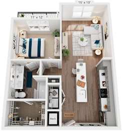 1 Bed 1 Bath Floor Plan | 774 Sq. Ft. at One Riverside Apartments, Chattanooga, TN, 37403